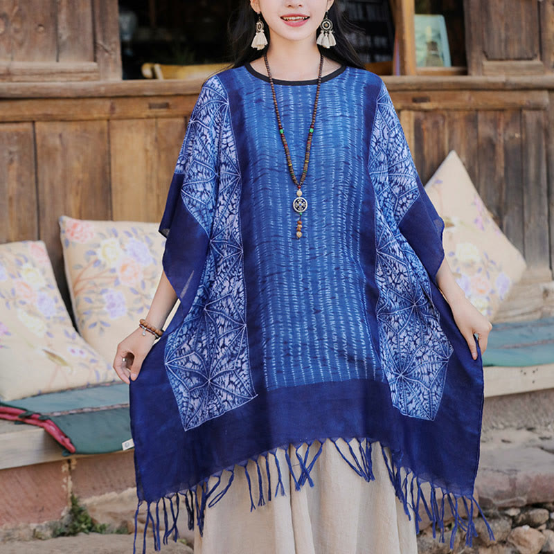 Châle batik à rayures géométriques bleues avec Buddha Stones et pompons, pull de voyage confortable 90 x 95 cm