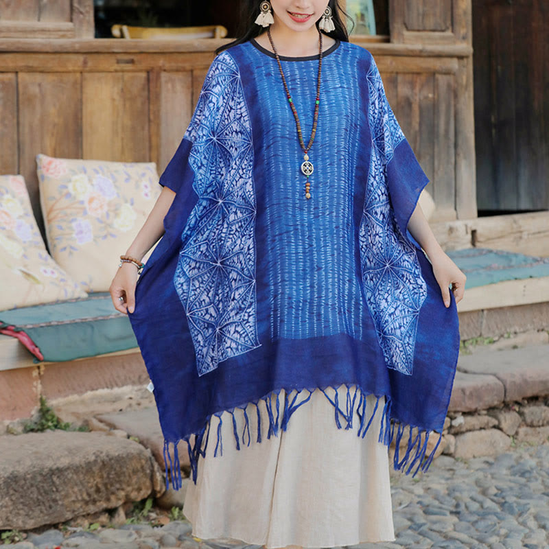 Châle batik à rayures géométriques bleues avec Buddha Stones et pompons, pull de voyage confortable 90 x 95 cm