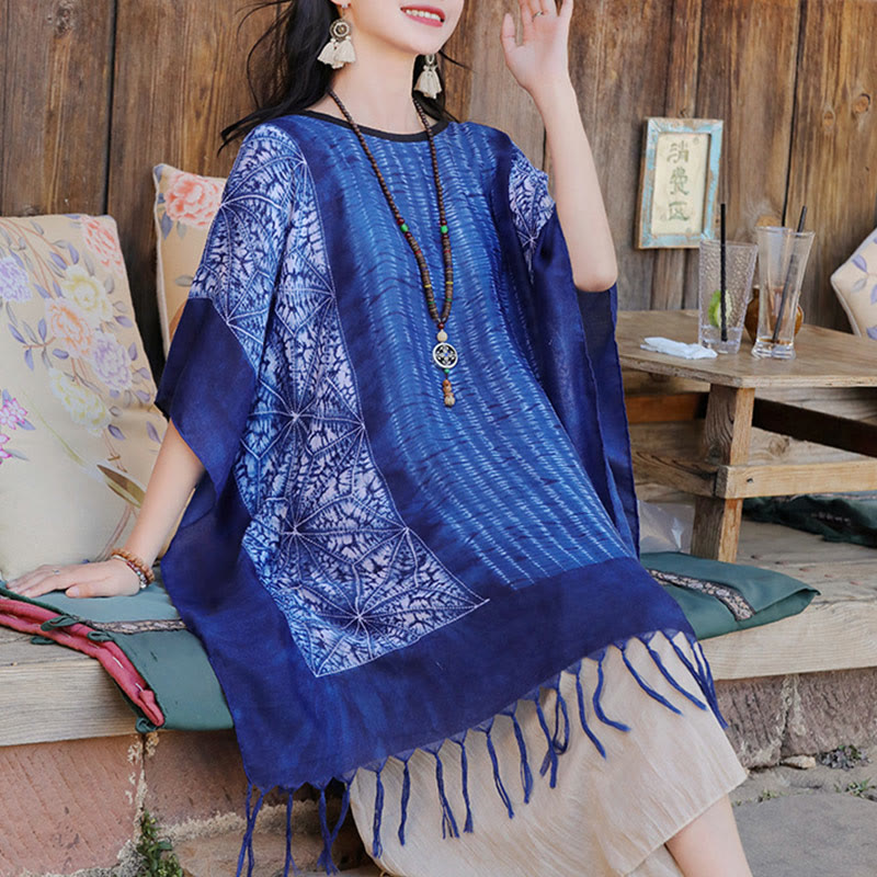 Châle batik à rayures géométriques bleues avec Buddha Stones et pompons, pull de voyage confortable 90 x 95 cm