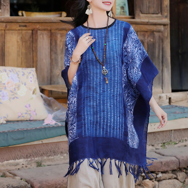 Châle batik à rayures géométriques bleues avec Buddha Stones et pompons, pull de voyage confortable 90 x 95 cm