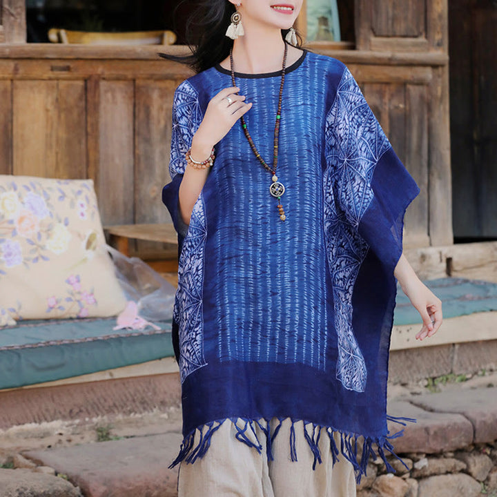 Châle batik à rayures géométriques bleues avec Buddha Stones et pompons, pull de voyage confortable 90 x 95 cm