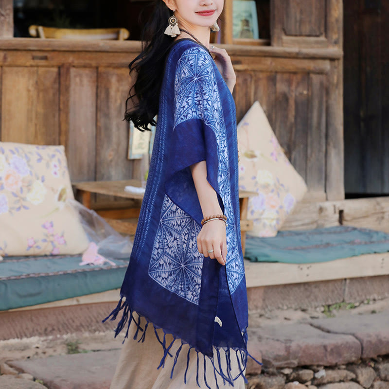 Châle batik à rayures géométriques bleues avec Buddha Stones et pompons, pull de voyage confortable 90 x 95 cm - image 3