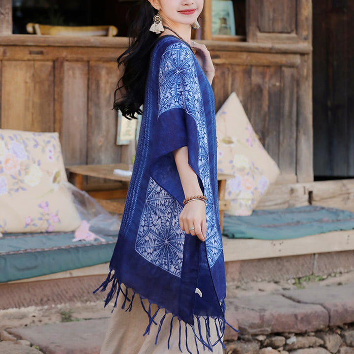 Châle batik à rayures géométriques bleues avec Buddha Stones et pompons, pull de voyage confortable 90 x 95 cm - image 3