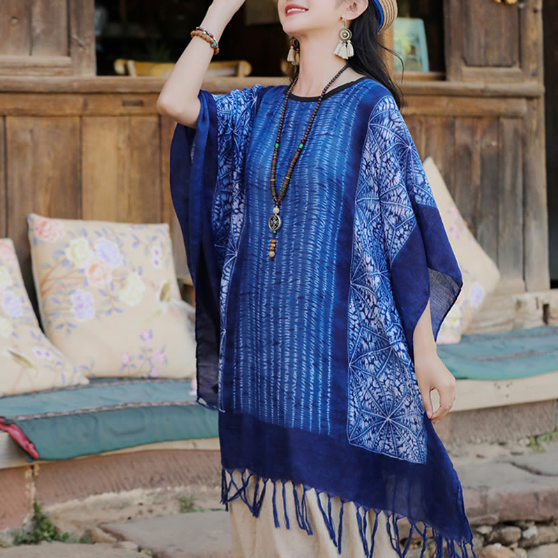 Châle batik à rayures géométriques bleues avec Buddha Stones et pompons, pull de voyage confortable 90 x 95 cm