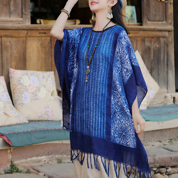Châle batik à rayures géométriques bleues avec Buddha Stones et pompons, pull de voyage confortable 90 x 95 cm