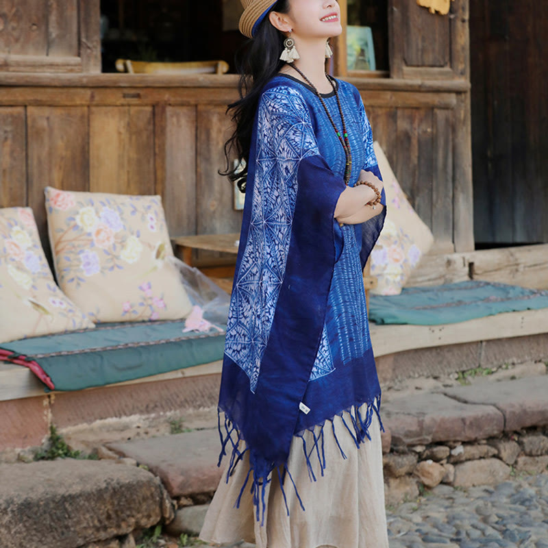 Châle batik à rayures géométriques bleues avec Buddha Stones et pompons, pull de voyage confortable 90 x 95 cm