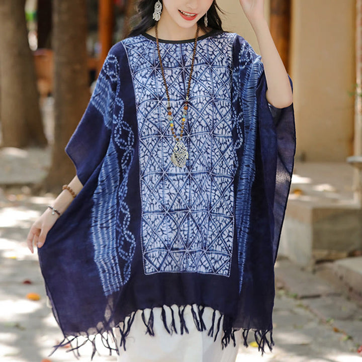 Châle à rayures bleues et géométriques en Buddha Stones , teinture indigo, pompons, pull de voyage, 90 x 95 cm