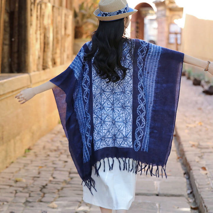 Châle à rayures bleues et géométriques en Buddha Stones , teinture indigo, pompons, pull de voyage, 90 x 95 cm