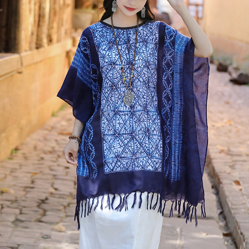 Châle à rayures bleues et géométriques en Buddha Stones , teinture indigo, pompons, pull de voyage, 90 x 95 cm