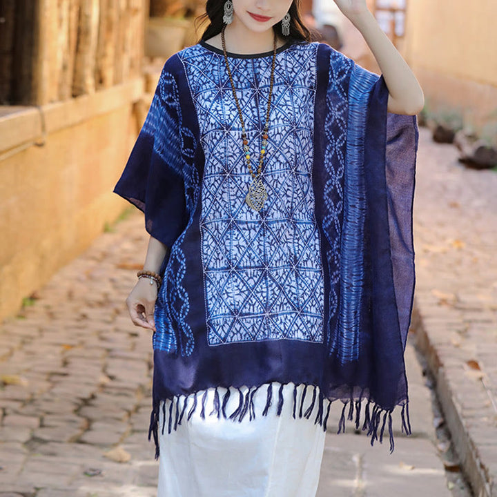 Châle à rayures bleues et géométriques en Buddha Stones , teinture indigo, pompons, pull de voyage, 90 x 95 cm