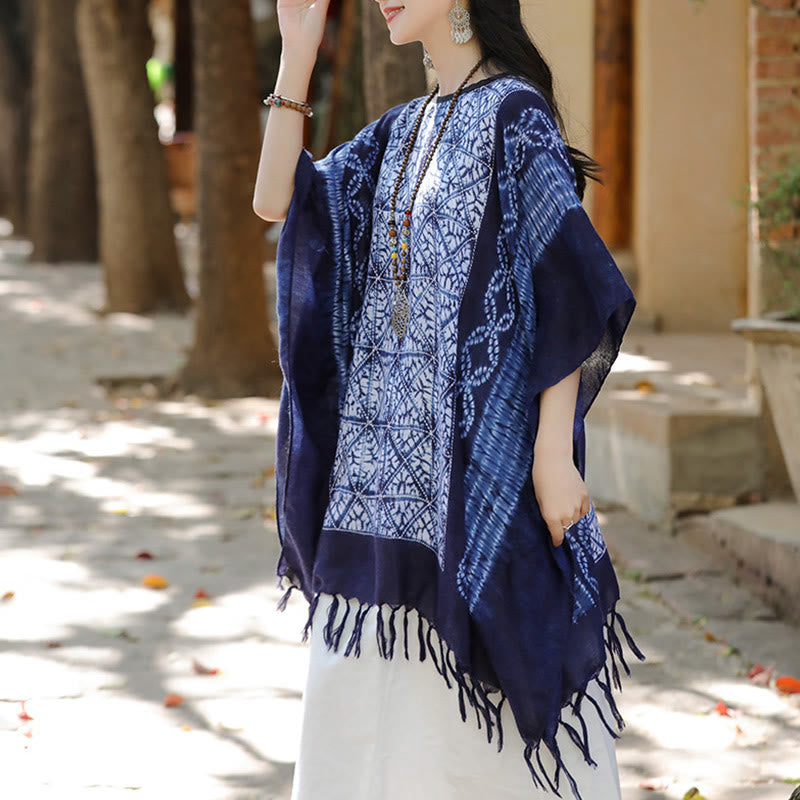 Châle à rayures bleues et géométriques en Buddha Stones , teinture indigo, pompons, pull de voyage, 90 x 95 cm