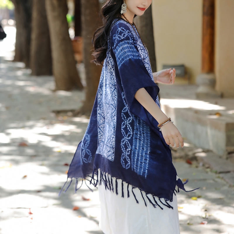 Châle à rayures bleues et géométriques en Buddha Stones , teinture indigo, pompons, pull de voyage, 90 x 95 cm