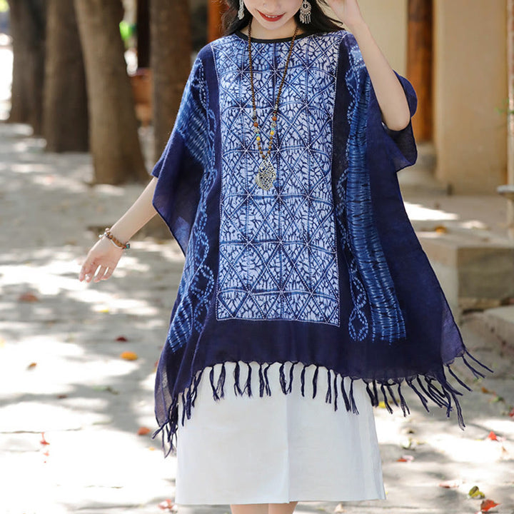 Châle à rayures bleues et géométriques en Buddha Stones , teinture indigo, pompons, pull de voyage, 90 x 95 cm