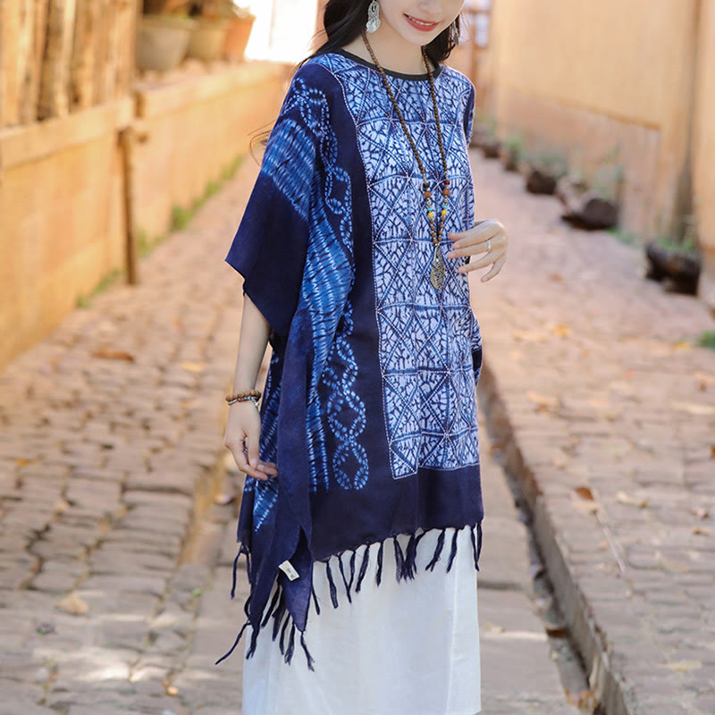 Châle à rayures bleues et géométriques en Buddha Stones , teinture indigo, pompons, pull de voyage, 90 x 95 cm