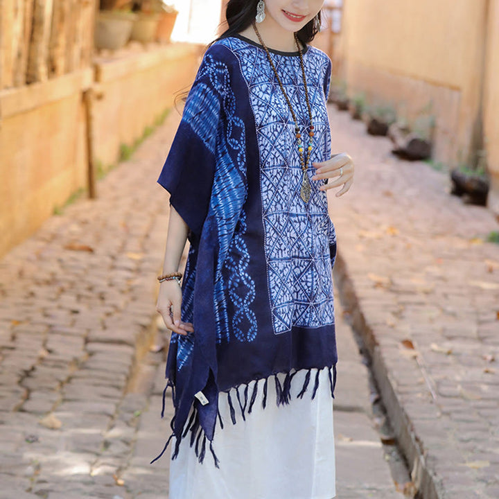 Châle à rayures bleues et géométriques en Buddha Stones , teinture indigo, pompons, pull de voyage, 90 x 95 cm