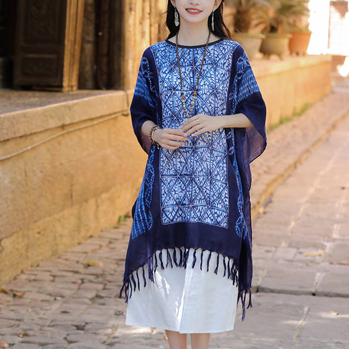 Châle à rayures bleues et géométriques en Buddha Stones , teinture indigo, pompons, pull de voyage, 90 x 95 cm