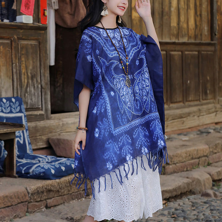Châle à pompons en forme de poisson koï bleu avec Buddha Stones et teinture par nouage, pull de voyage doux 90 x 95 cm