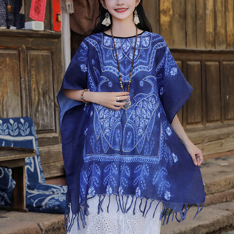 Châle à pompons en forme de poisson koï bleu avec Buddha Stones et teinture par nouage, pull de voyage doux 90 x 95 cm