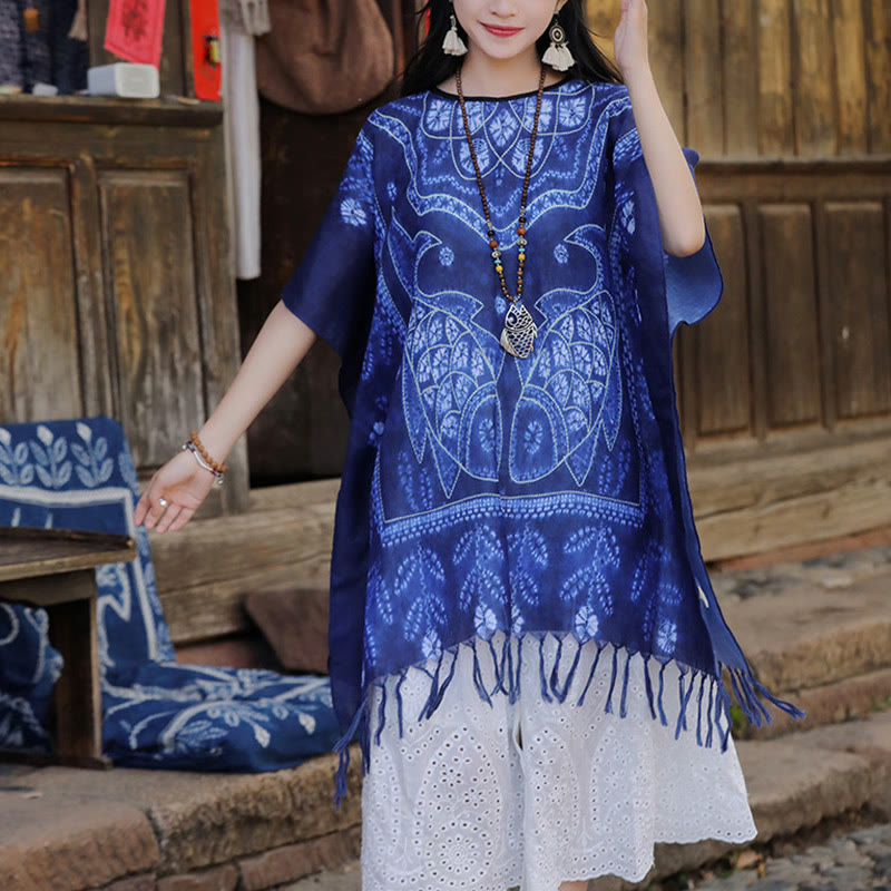 Châle à pompons en forme de poisson koï bleu avec Buddha Stones et teinture par nouage, pull de voyage doux 90 x 95 cm
