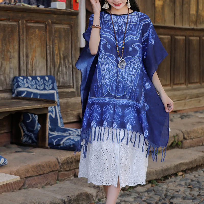 Châle à pompons en forme de poisson koï bleu avec Buddha Stones et teinture par nouage, pull de voyage doux 90 x 95 cm