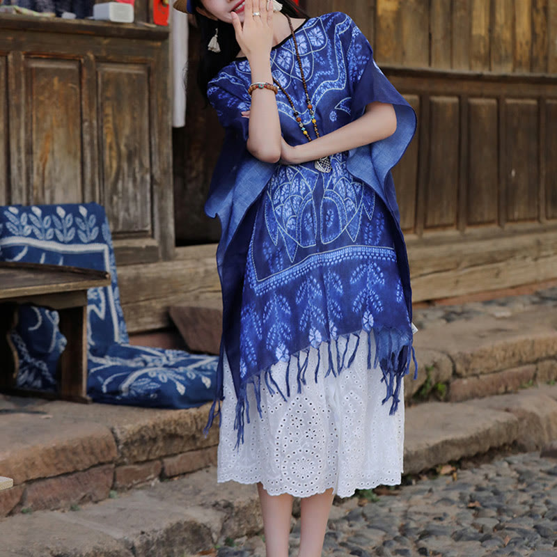 Châle à pompons en forme de poisson koï bleu avec Buddha Stones et teinture par nouage, pull de voyage doux 90 x 95 cm