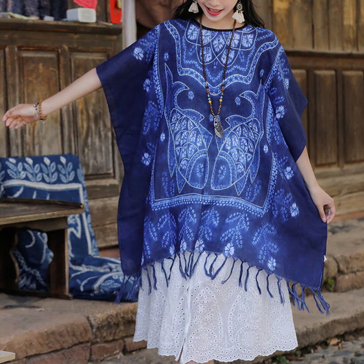 Châle à pompons en forme de poisson koï bleu avec Buddha Stones et teinture par nouage, pull de voyage doux 90 x 95 cm