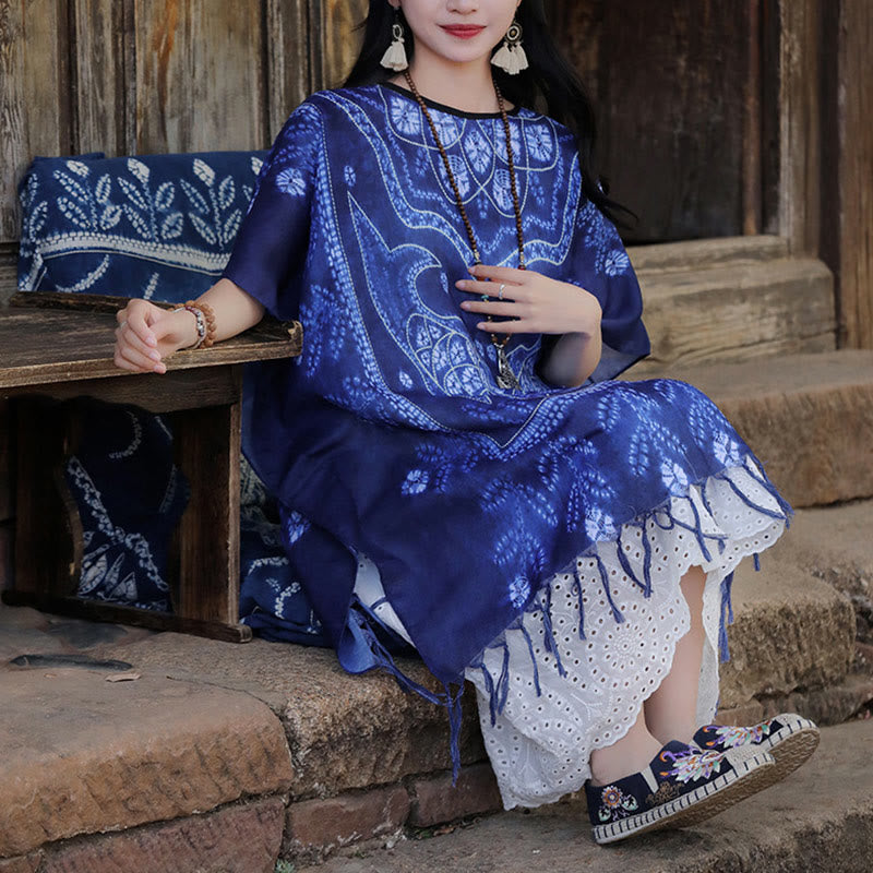 Châle à pompons en forme de poisson koï bleu avec Buddha Stones et teinture par nouage, pull de voyage doux 90 x 95 cm