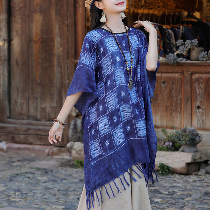 Châle à carreaux bleu avec blocs de couleurs Buddha Stones et pompons, pull doux 90 x 95 cm