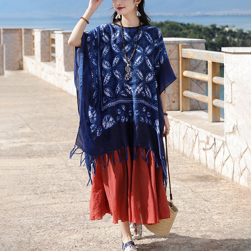 Châle à pompons en teinture indigo avec Buddha Stones et fleurs bleues, pull confortable 90 x 95 cm