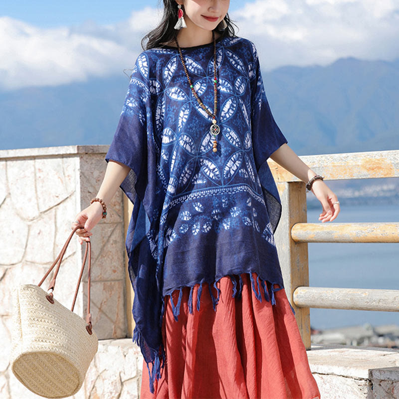 Châle à pompons en teinture indigo avec Buddha Stones et fleurs bleues, pull confortable 90 x 95 cm