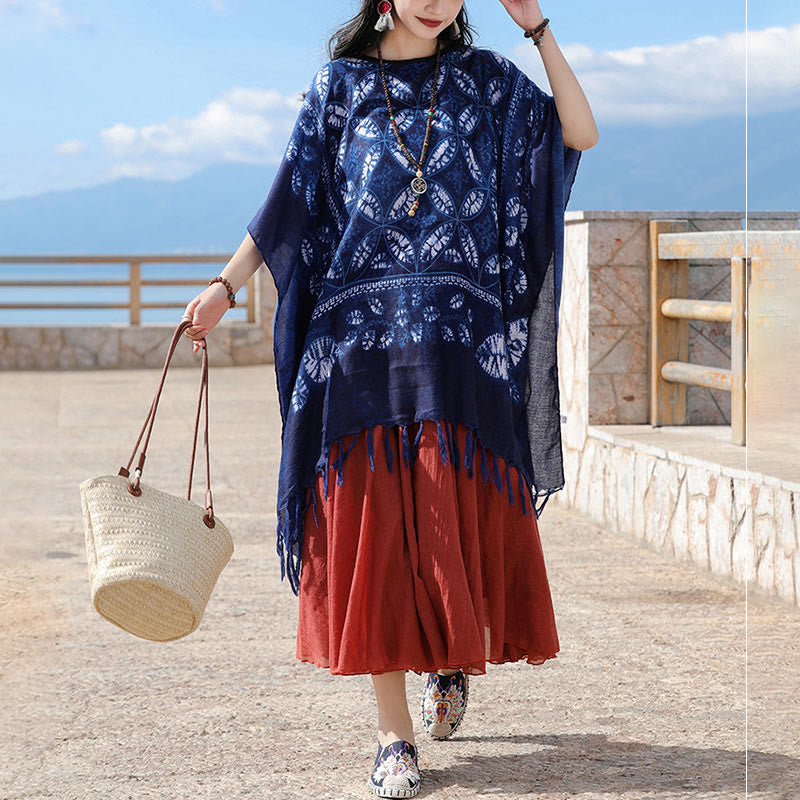 Châle à pompons en teinture indigo avec Buddha Stones et fleurs bleues, pull confortable 90 x 95 cm
