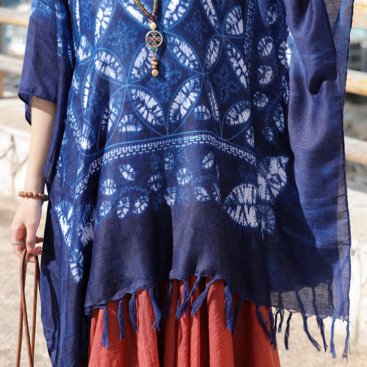 Châle à pompons en teinture indigo avec Buddha Stones et fleurs bleues, pull confortable 90 x 95 cm