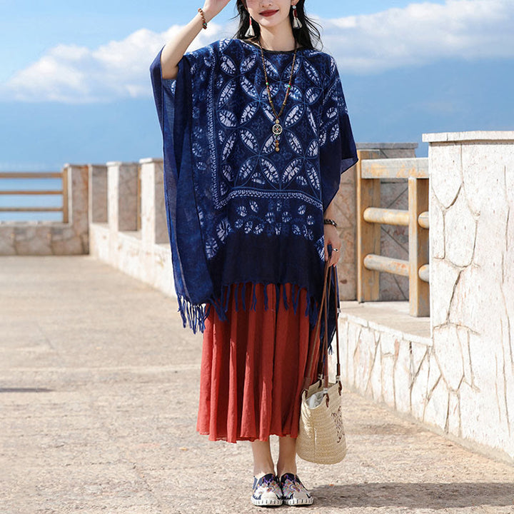 Châle à pompons en teinture indigo avec Buddha Stones et fleurs bleues, pull confortable 90 x 95 cm