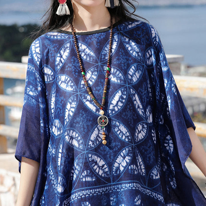 Châle à pompons en teinture indigo avec Buddha Stones et fleurs bleues, pull confortable 90 x 95 cm