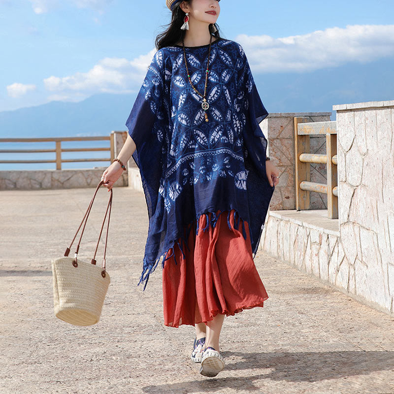 Châle à pompons en teinture indigo avec Buddha Stones et fleurs bleues, pull confortable 90 x 95 cm