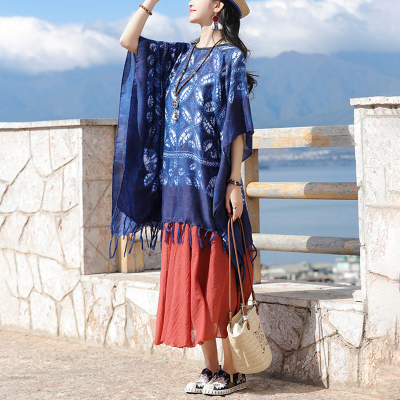 Châle à pompons en teinture indigo avec Buddha Stones et fleurs bleues, pull confortable 90 x 95 cm