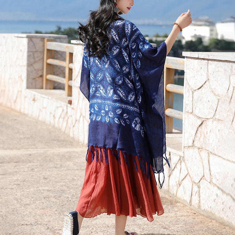 Châle à pompons en teinture indigo avec Buddha Stones et fleurs bleues, pull confortable 90 x 95 cm
