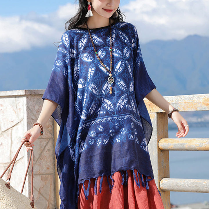 Châle à pompons en teinture indigo avec Buddha Stones et fleurs bleues, pull confortable 90 x 95 cm