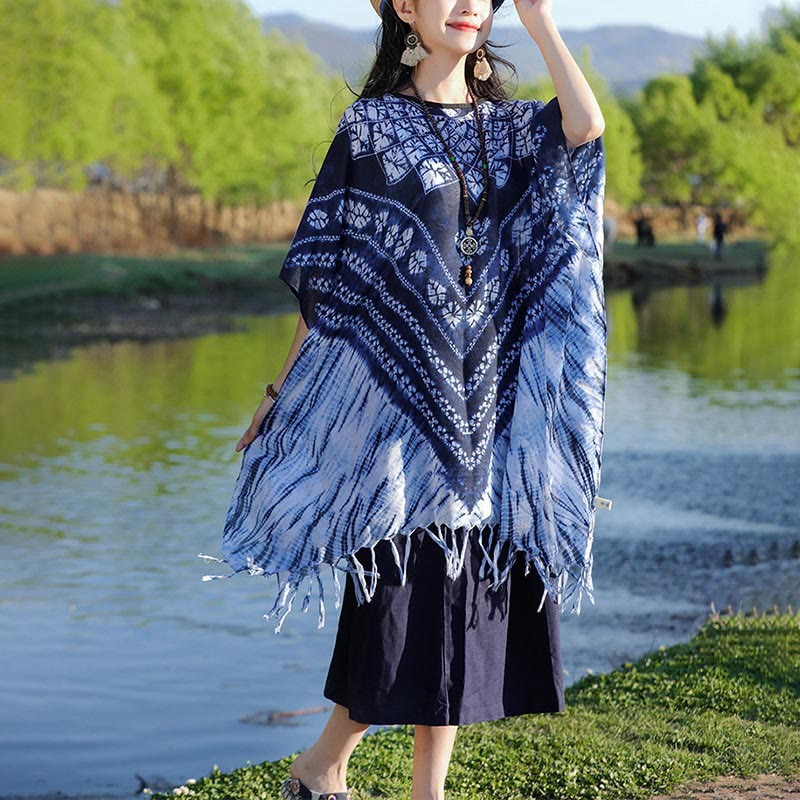 Châle à rayures bleues et florales indigo avec Buddha Stones et pompons, pull confortable 90 x 95 cm