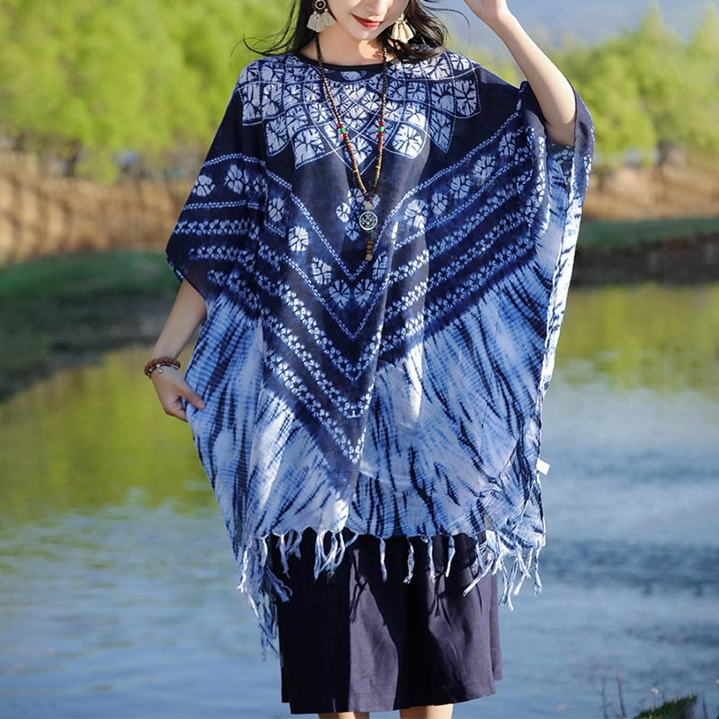 Châle à rayures bleues et florales indigo avec Buddha Stones et pompons, pull confortable 90 x 95 cm