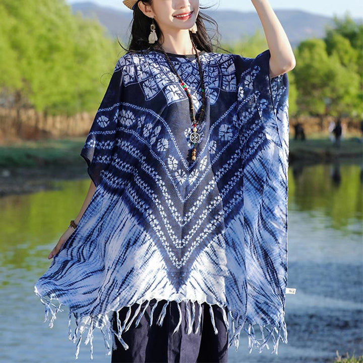 Châle à rayures bleues et florales indigo avec Buddha Stones et pompons, pull confortable 90 x 95 cm