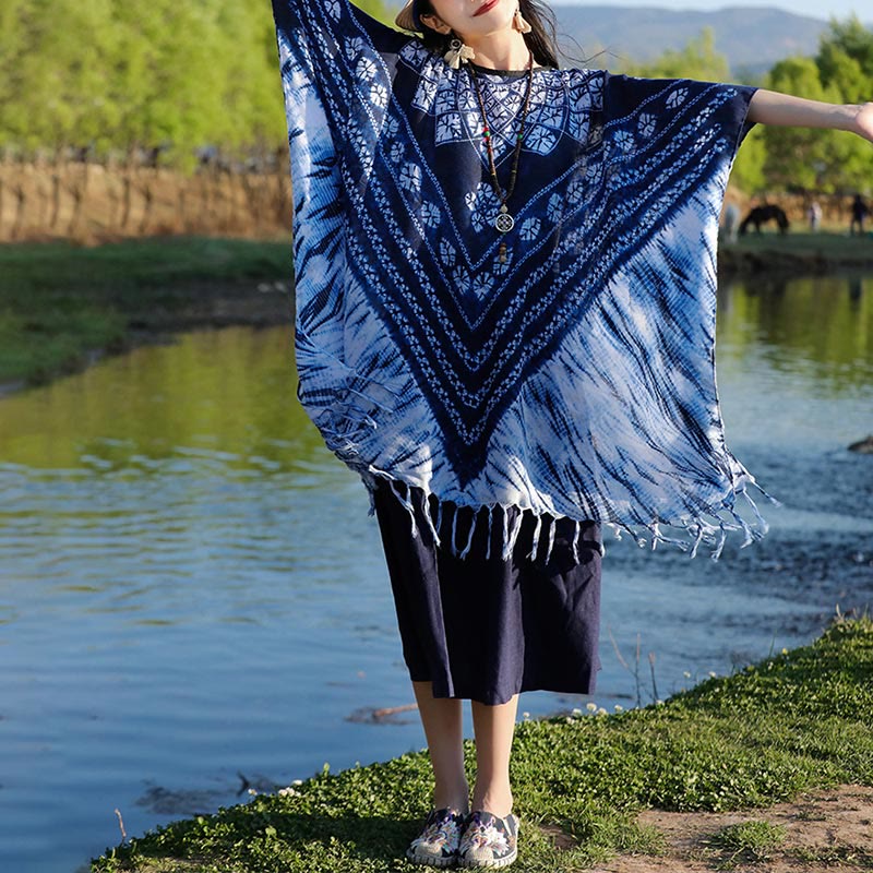 Châle à rayures bleues et florales indigo avec Buddha Stones et pompons, pull confortable 90 x 95 cm