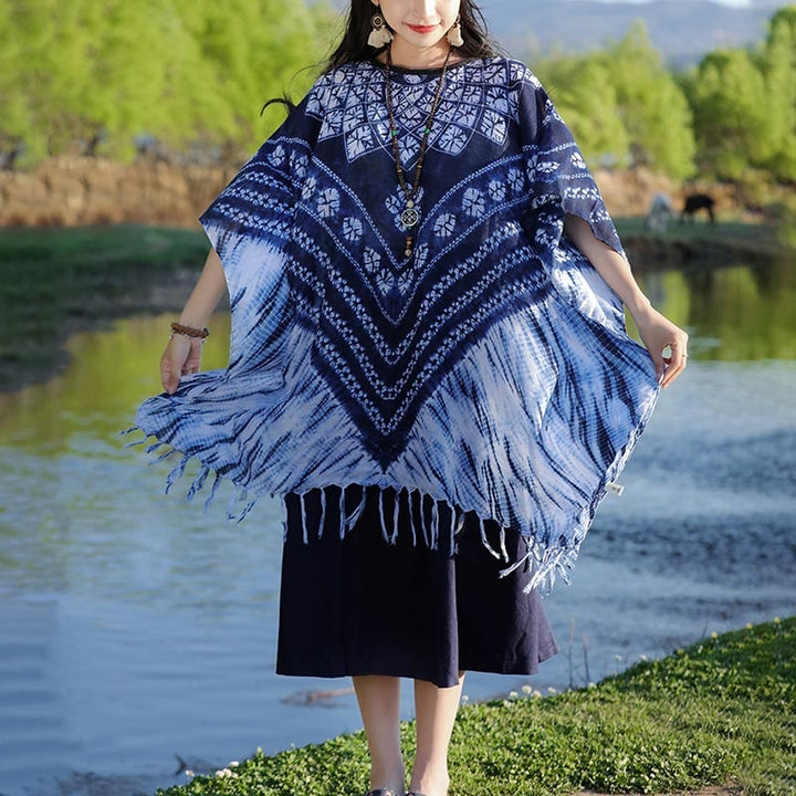 Châle à rayures bleues et florales indigo avec Buddha Stones et pompons, pull confortable 90 x 95 cm