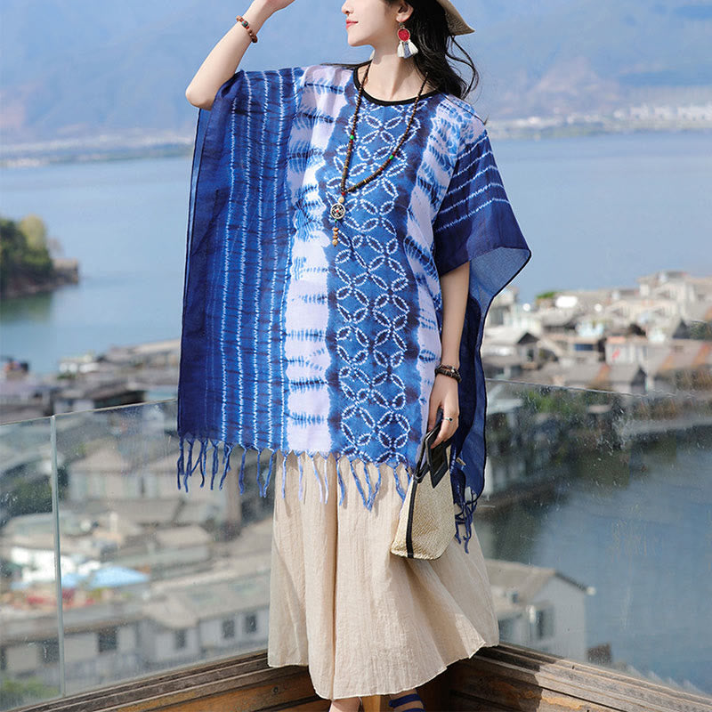 Buddha Stones , teinture indigo, pompons, pull confortable 90 x 95 cm
