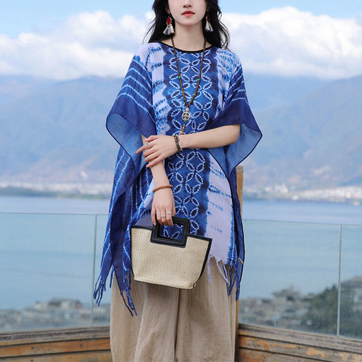 Buddha Stones , teinture indigo, pompons, pull confortable 90 x 95 cm