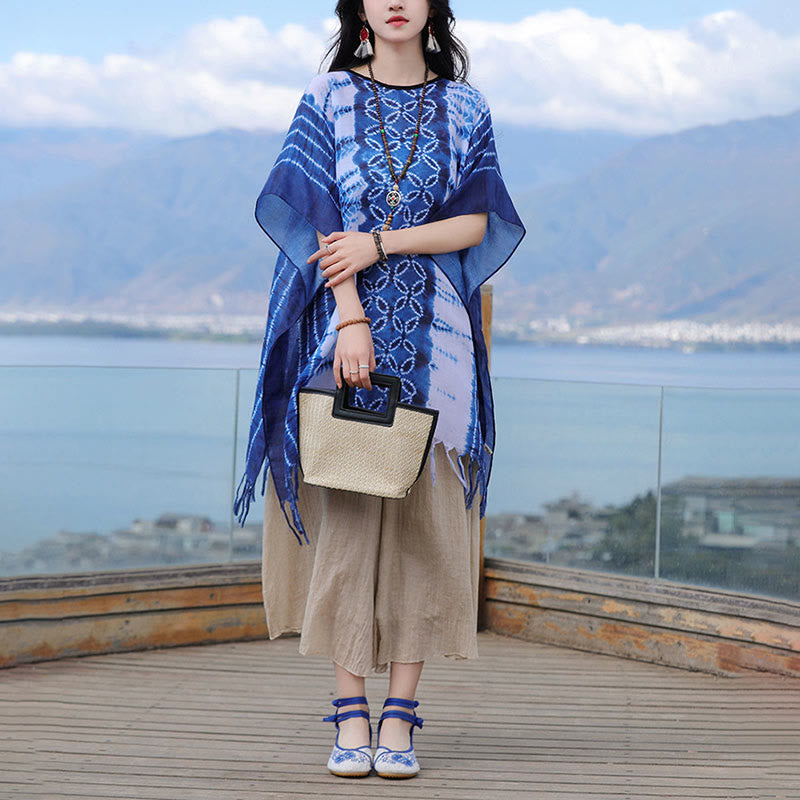 Buddha Stones , teinture indigo, pompons, pull confortable 90 x 95 cm