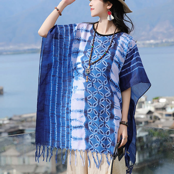 Buddha Stones , teinture indigo, pompons, pull confortable 90 x 95 cm