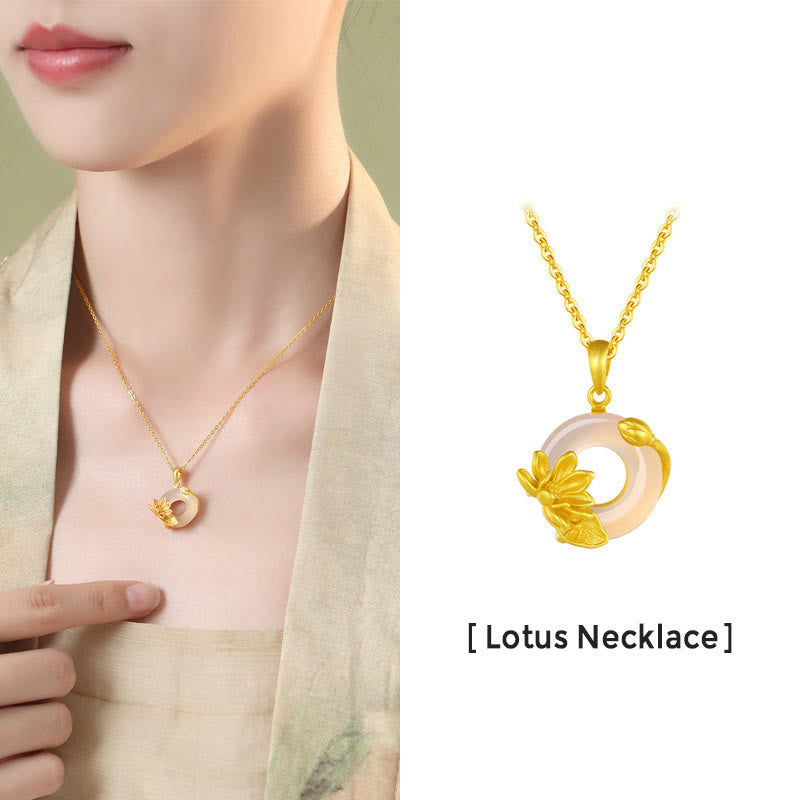 Collier en argent sterling S925 avec pendentif en forme de lotus et boucle de paix en calcédoine blanche naturelle de Buddha Stones