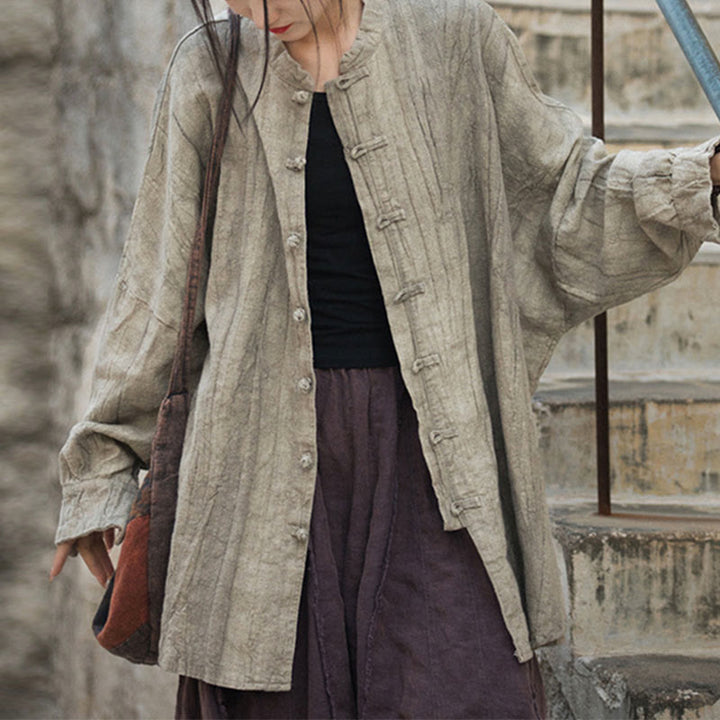 Veste ouverte à manches longues et boutons grenouille avec Buddha Stones et teinture par nouage pour méditation zen - Beige (Haut uniquement) - US 4-14, UK/AU 8-18, EU 36-46 (F) - image 7