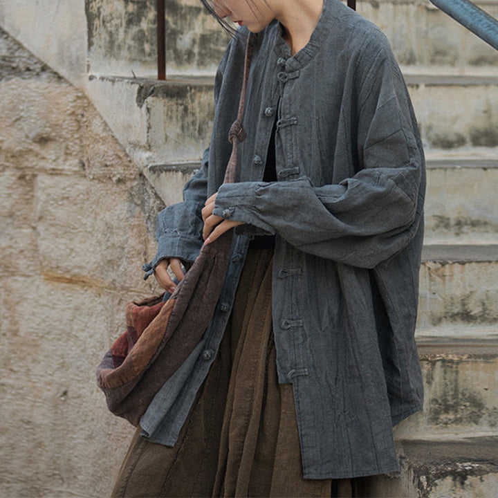 Veste ouverte à manches longues et boutons grenouille avec Buddha Stones et teinture par nouage pour méditation zen - Gris (haut uniquement) - US 4-14, UK/AU 8-18, EU 36-46 (F) - image 33